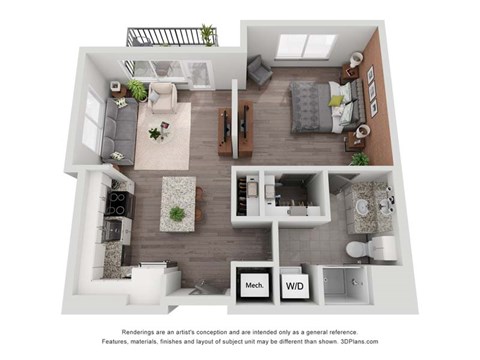 Floor plan for 1 bed, 1 bath, 715 sqft